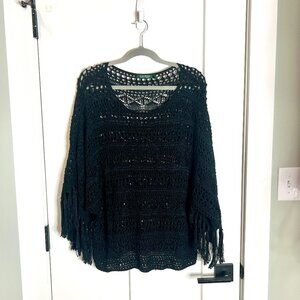 Lauren Ralph Lauren Black Crochet Open Knit Boho Tassel Dolman Sleeves Size L/XL